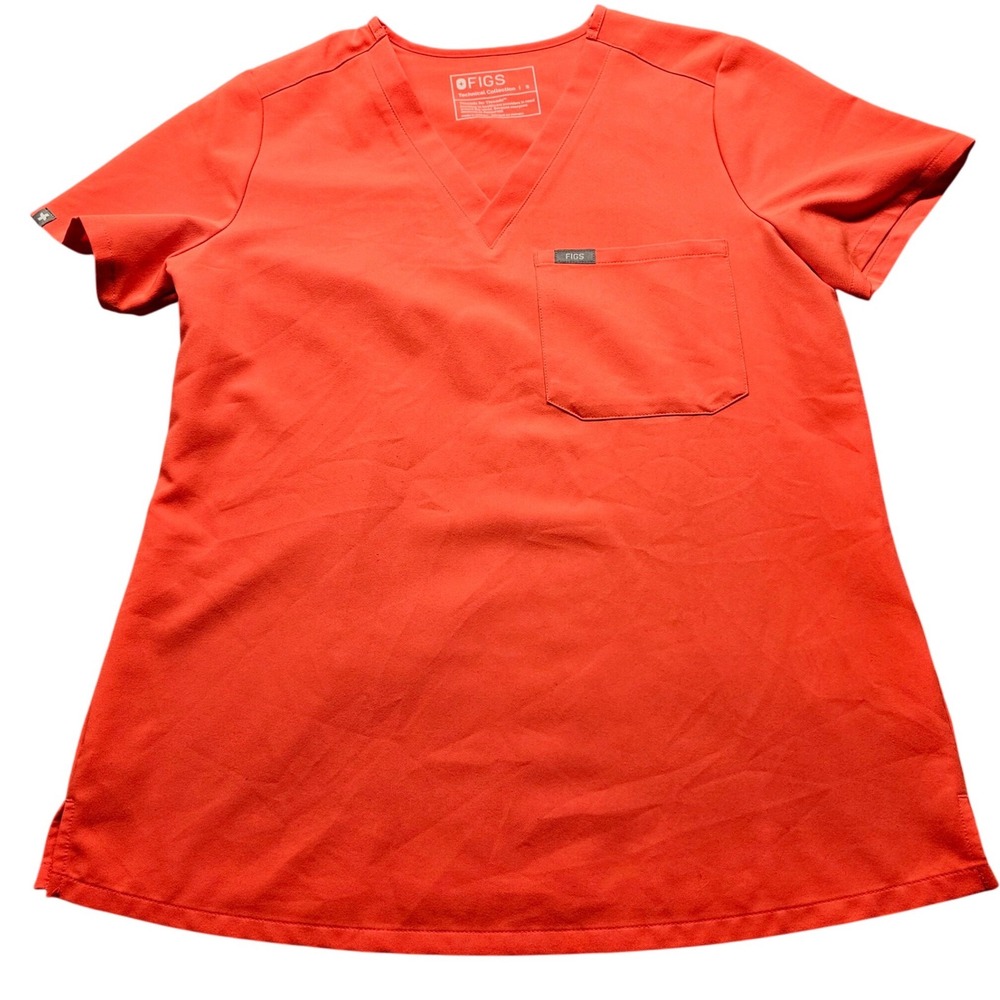 FIGS Technical Collection Top Small Orange V-Neck Short Sleeve Medical Pocket